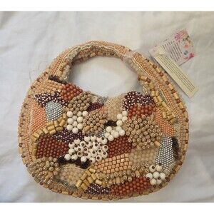 New w/ flaws Made In India Beaded Hand-Sewn Handbag Natural Boho Vacation Beach